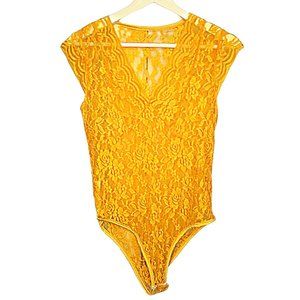 Sheer Lace Bodysuit in Yellow - Women's Size Medium